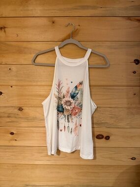 SHEIN White Floral & Feather Graphic High Neck Tank